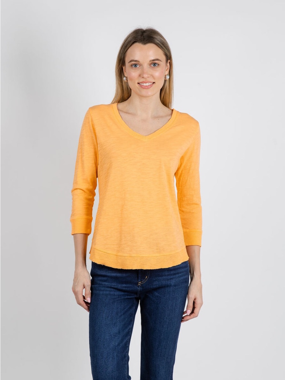 Elliot Lauren Silvie Rib 3/4 Sleeve V-Neck Tee - Creamsicle